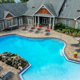 a courtyard with a pool